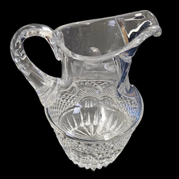 Vintage Cut Crystal Pitcher 7.5" Pressed Glass Diamond Fan Pattern Mid Century - Picture 3 of 8